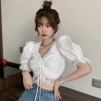 korean style solid shirts sweet sexy square collar short sleeves blouse lace patchwork shirts short tops