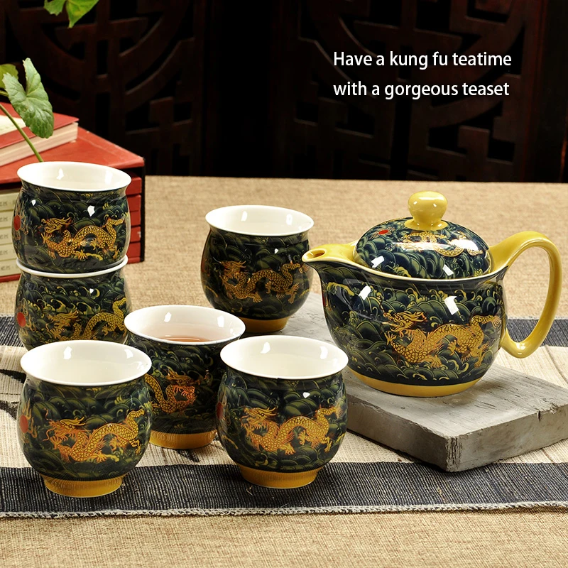 

Chinese Ceramic Tea Set Kung Fu Porcelain Tea Cup Pot Set Dragon Teapot Tea Cup Tea Set Pu'er Oolong Tea Ceremony Tea Set