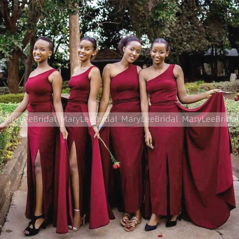 

One Shoulder Burgundy Bridesmaid Dresses With Streamer Full Length Side Slit Mermaid Long Satin Maid Of Honor Party Gowns