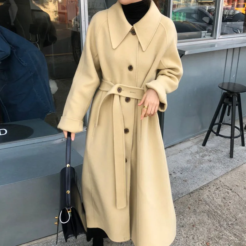 Korea One-Piece Women'S Long Woolen Coat Fall Winter 2021 Retro Elegant Chic Loose Lace-Up Imitation Cashmere Thick Warm Jacket