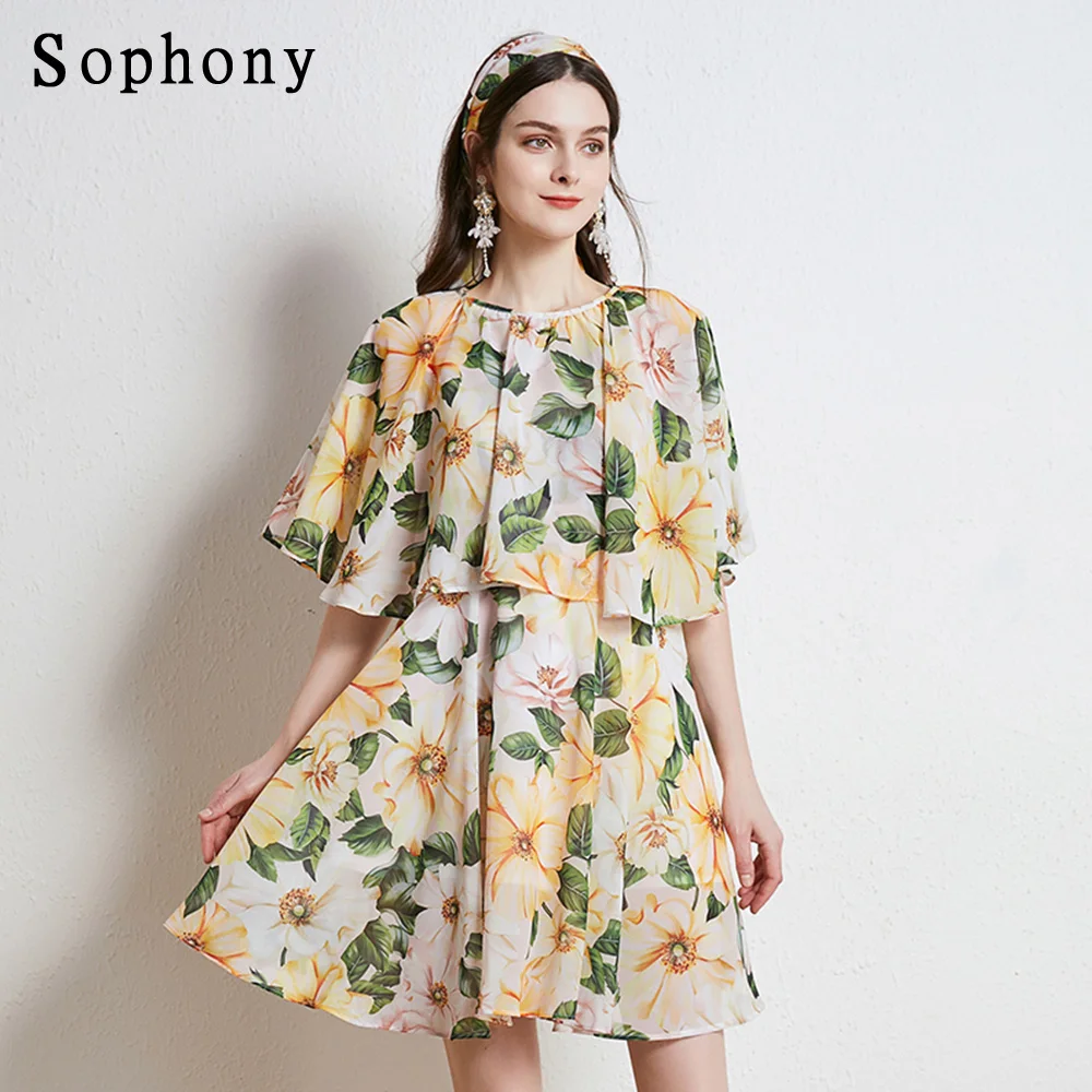 

Sophony Elegant Camellia Floral Print Runway Chiffon Dress Summer Clothes Women Short Sleeve Mini Party Robe Beach Vestido S7369