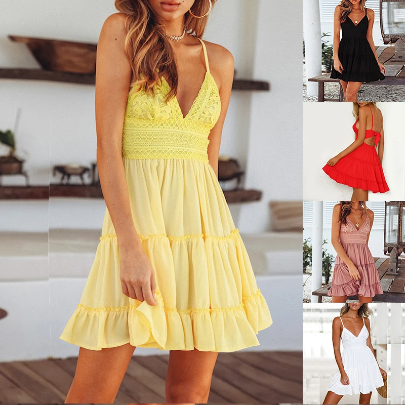 

White Lace Halter Dress Women Strap Bowknot Backless Sleeveless Lace Mini Swing Skater Dress Girl Beach V-Neck Dresses