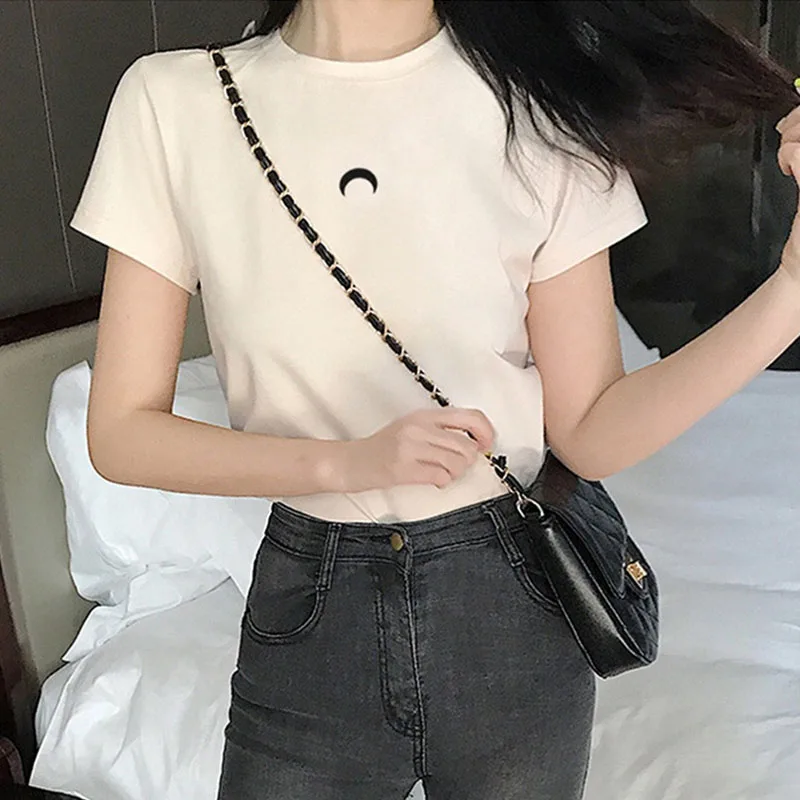 Летняя шикарная футболка в корейском простом дизайне рубашка с принтом Луны и