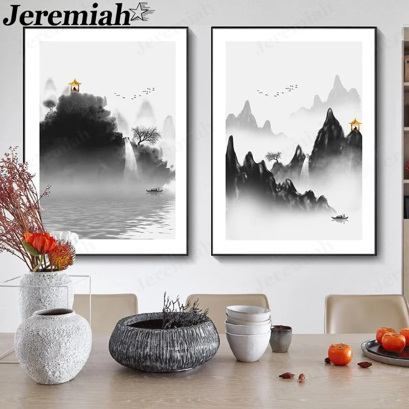 

Abstract Lake Landscape Canvas Poster Black and White Simple Landscape Painting Wall Art Modern Living Room Home Decoration