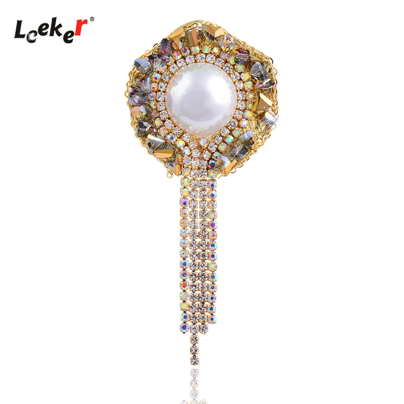 

LEEKER Gothic Style Grey Crystal Round White Pearl Brooch Tassels Pin For Women Vintage Luxury Jewelry Accessories 177 LK2