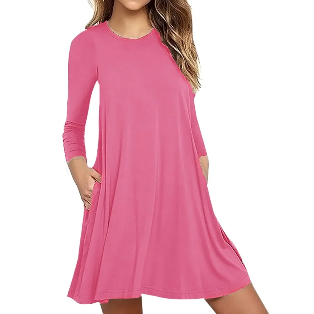 Pink Женские однотонные повседневные платья Maxi с длинным рукавом и карманами, свободная футболка, платье, сексуальные платья, вечерние платья для ночного клуба aug 26 - Цвет: Pink