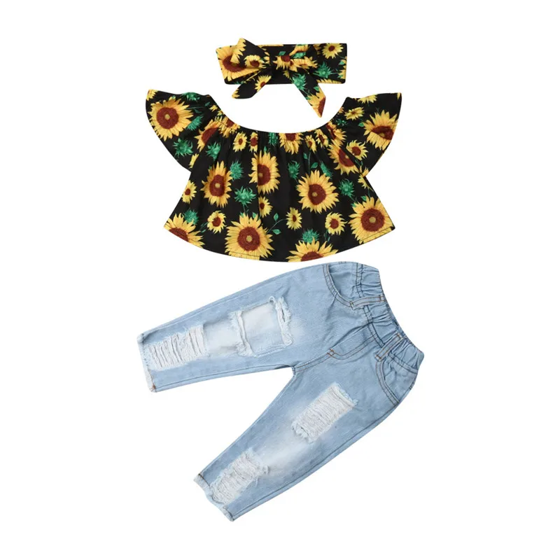 

Off Shoulder Sunflower Tops+Denim Ripped Pants Jeans Toddler Kid Baby Girl Outfit Summer Set Clothes