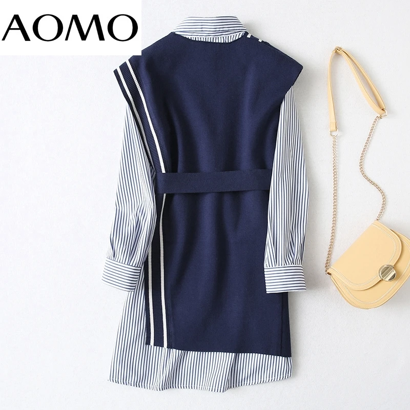 

AOMO Women's Set Striped Shirt Dress with Waistcoat Autumn Fashion Suit 2 Piece Set YU87A