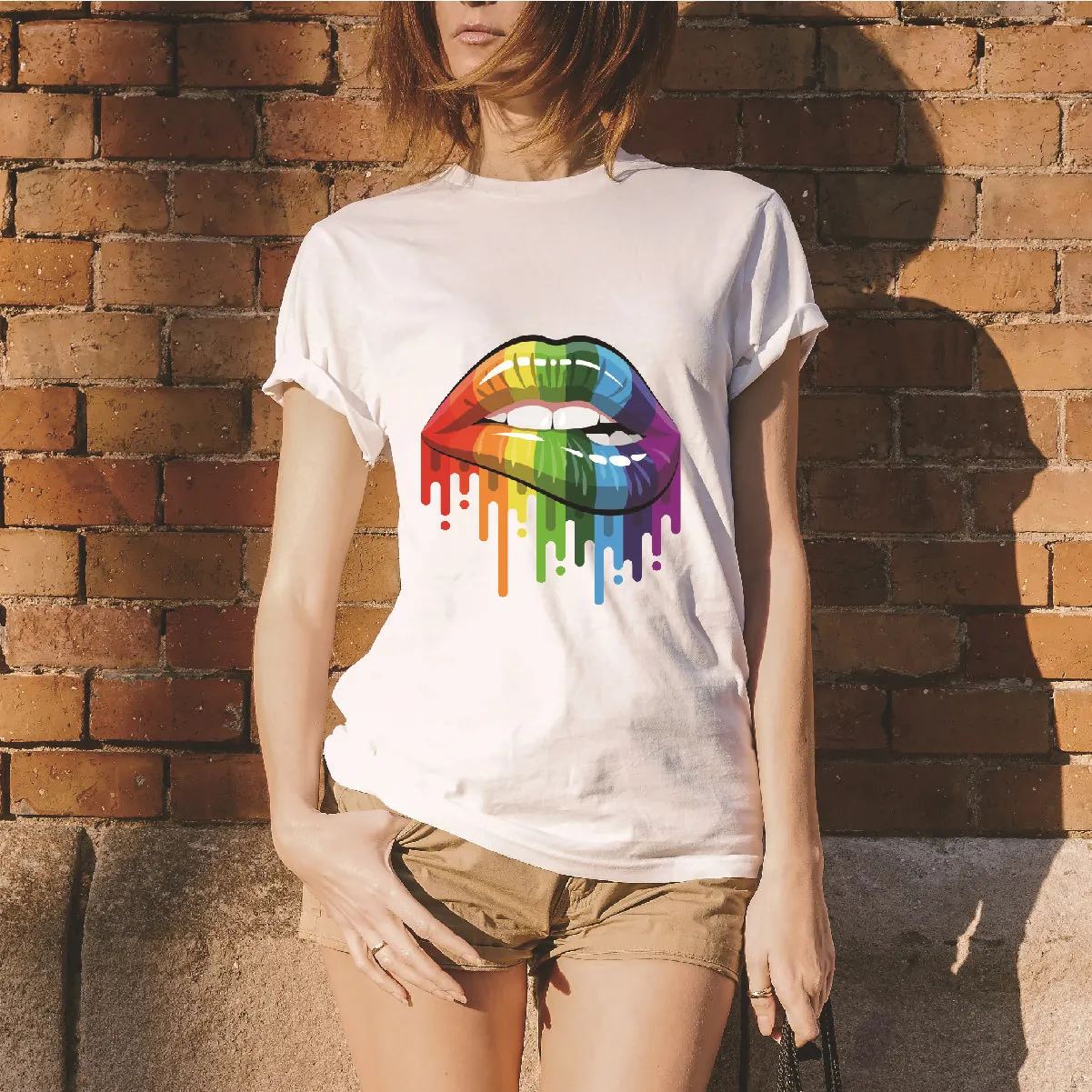 

Sexy Rainbow Lip Print T Shirt Women Casual Tshirt Short Sleeve O Neck Loose White Tshirt 2021 Summer Women Tee Shirt Tops
