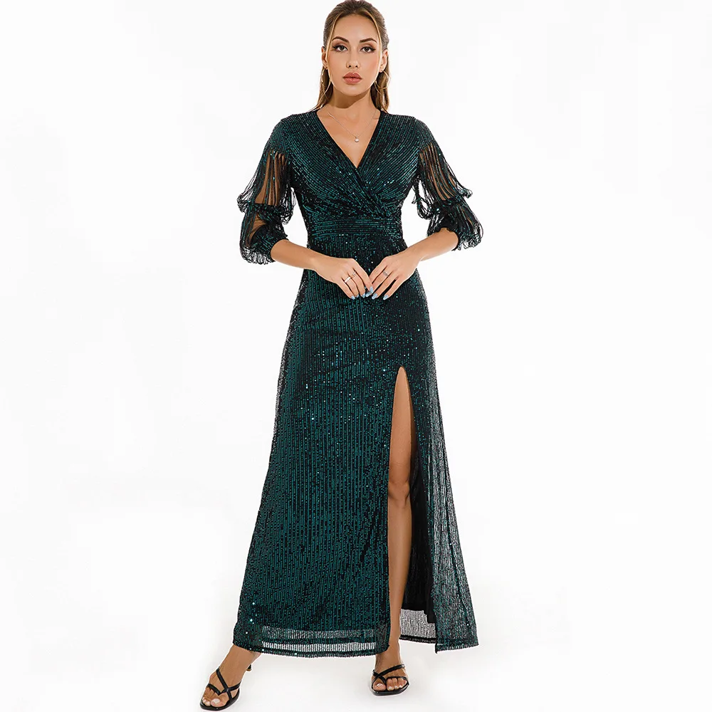 

Beauty-Emily Sexy Vintage Green V-neck Sequin Dress High Split Long Evening Dress Vestidos De Fiesta De Noche