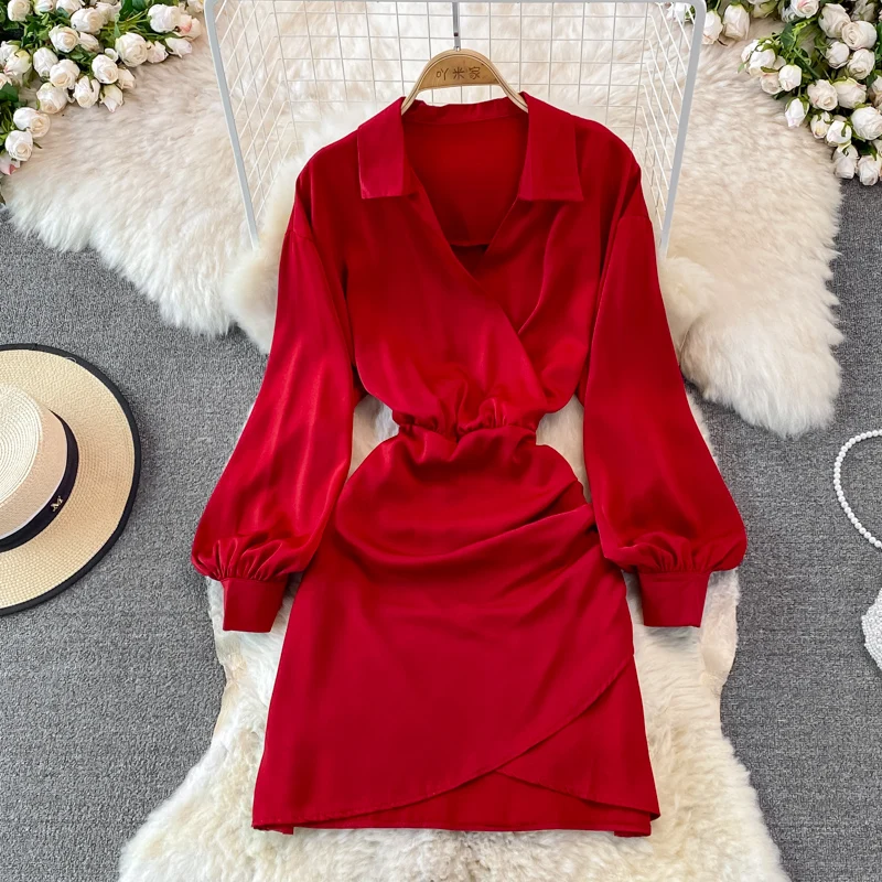 

Autumn Women Bodycon Mini Dress Vintage Turn-Down Collar Puff Long Sleeve High Waist Red/Blue/Black Party Vestidos New Fashion