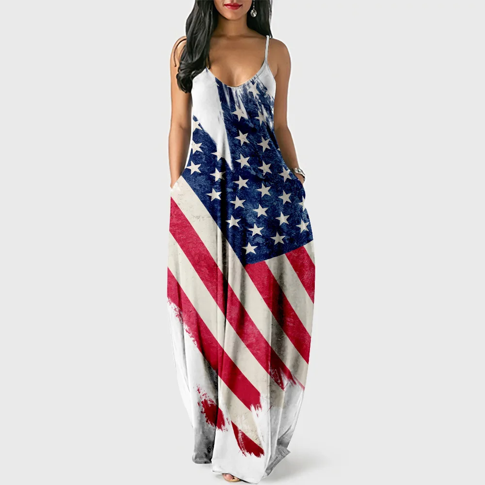 

Summer Dress For Women Oversized Flag Print Sleeveless Maxi Dresses Female Plus Size Sling Long Dress Vestidos