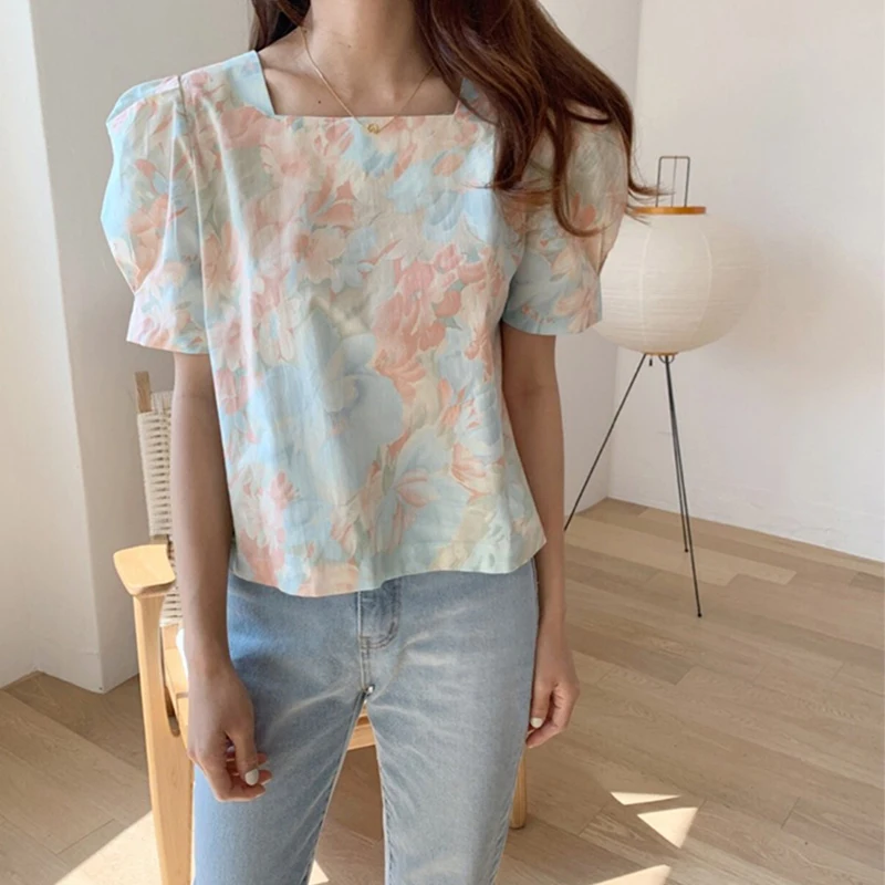 Корейская летняя рубашка в стиле ретро с пышными рукавами милый Молодежный