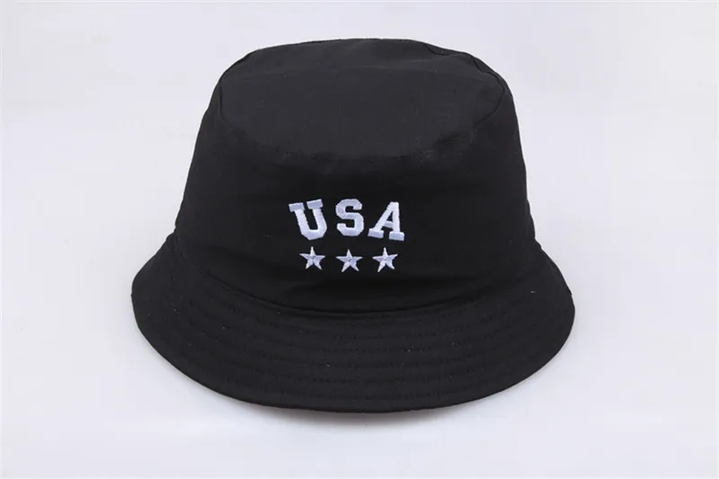 Панама унисекс хлопковая с вышитыми буквами США черная летняя мужская женская
