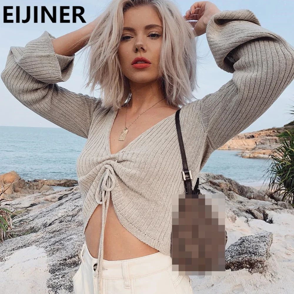 

Women Spring Clothes V-Neck Drawstring Cropped Sexy Knitted Pullover Sweater Top Pleated Long-Sleeved Plus Size Vintage Sweater