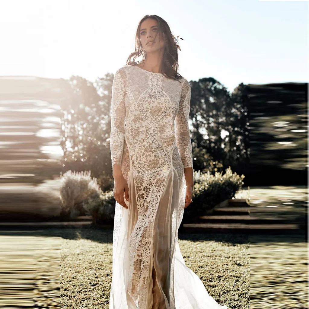 2019 модное вечернее платье с круглым вырезом сексуальное кружевное длинное