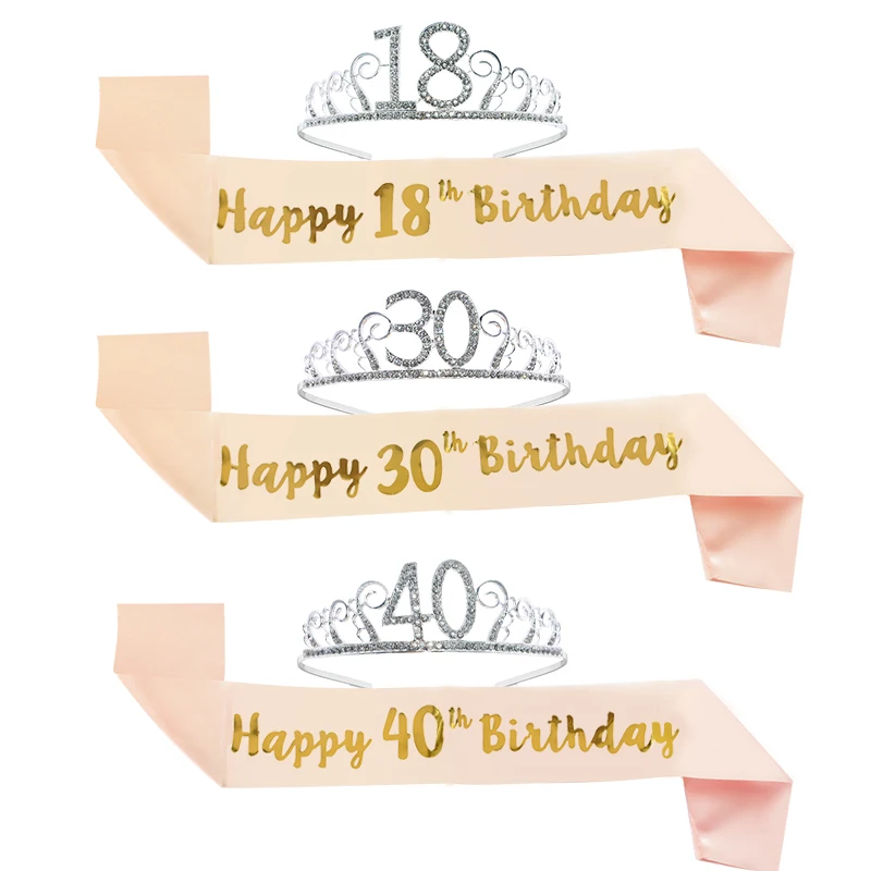 

Happy Birthday 30th 40th 50th Rose Gold Satin Sash Crown Birthday Party Decorations Adult 30 40 50 Anniversary Party Supplies