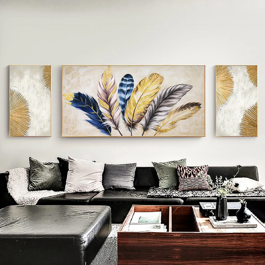 

Nordic Minimalism Golden Line Feather Gold Foil Wall Art Canvas Painting Poster Gift Bedroom Entrance Wall Art Decoration