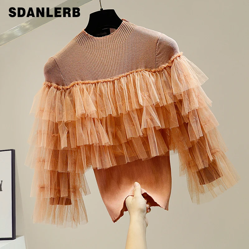 Женский топ с милой многослойной сеткой в виде листьев лотоса облегающая