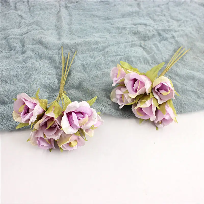 light purple 60 шт./Искусственные розы, шелковые цветы, Европейский Букет, искусственные цветы, маленькие бутоны, розы, свадебные и семейные вечерние украшения - Цвет: light purple