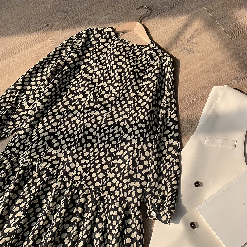

Chiffon Spring Autumn Temperament Dot Women Dress 2021 New Casual Long-Sleeved Chiffon Long Skirt Dress Women Cloth O-Neck Trend