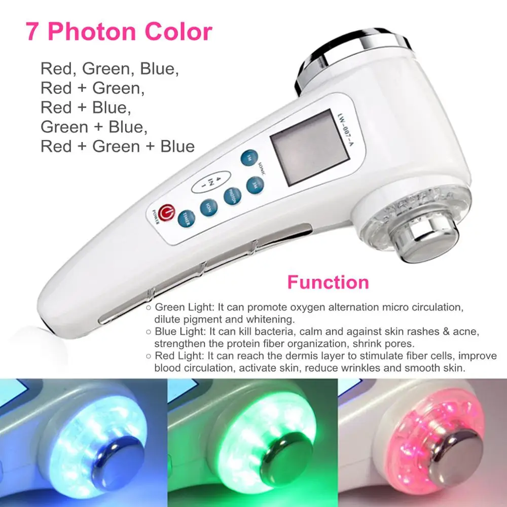 Beste Foton Licht Ultrasone Gezicht Massager 1Mhz & 3Mhz Ultrasound Therapie Huidverstrakking Gezicht Huid Lift Body Slim Machine 7 Kleur Led