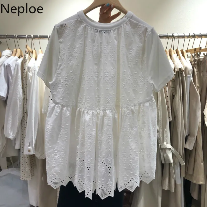 Neploe Ажурные кружевные лоскутные футболки Woomen новые с круглым вырезом и короткими