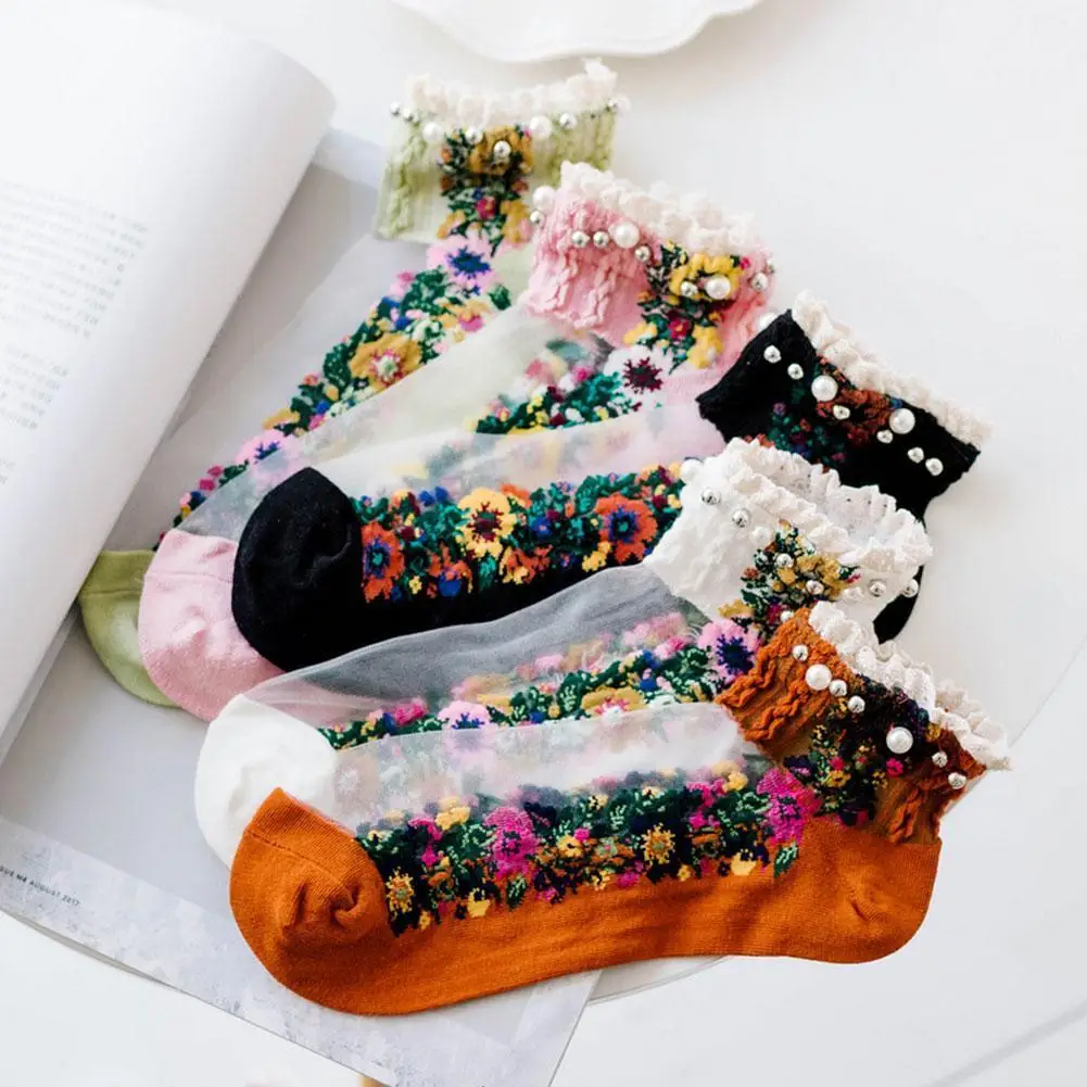 

Fashion Classical Women's Socks Spring And Autumn Cute Flowers Socks For Girls Female Lace Ruffle Frilly Colorful Floral Socks