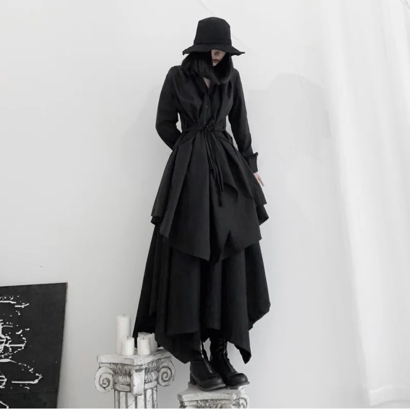 LANMREM 2020 осеннее Новое однотонное свободное платье рубашка в стиле ретро с