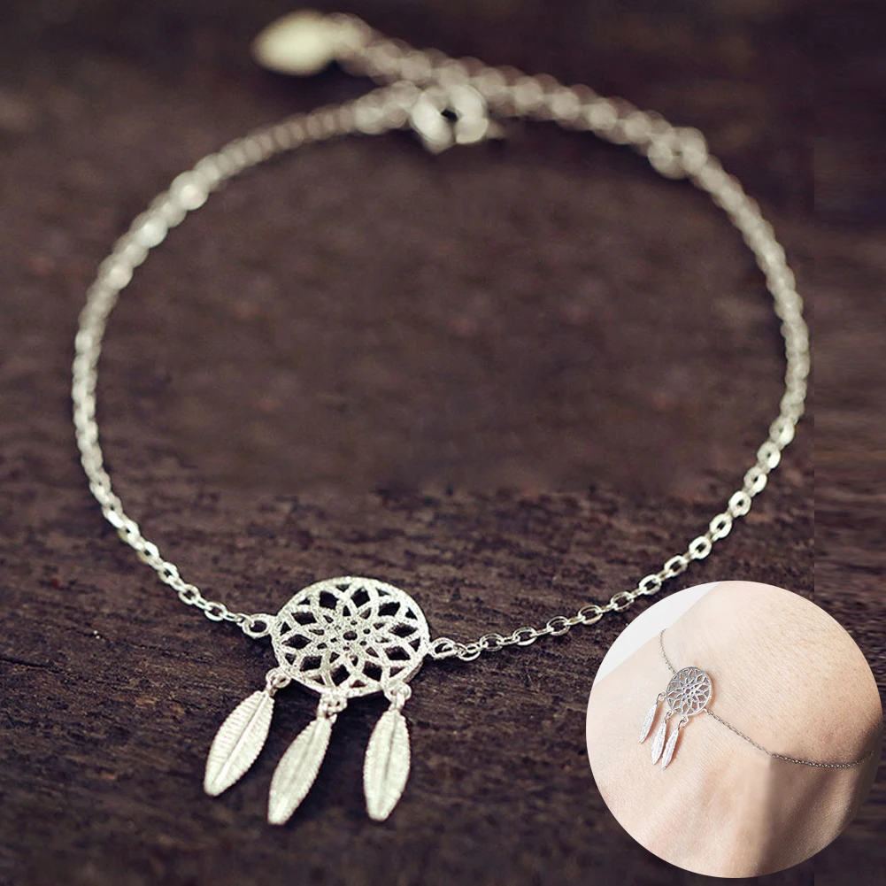 Модный женский ножной браслет с кисточкой в форме пера Ловец снов серебряный