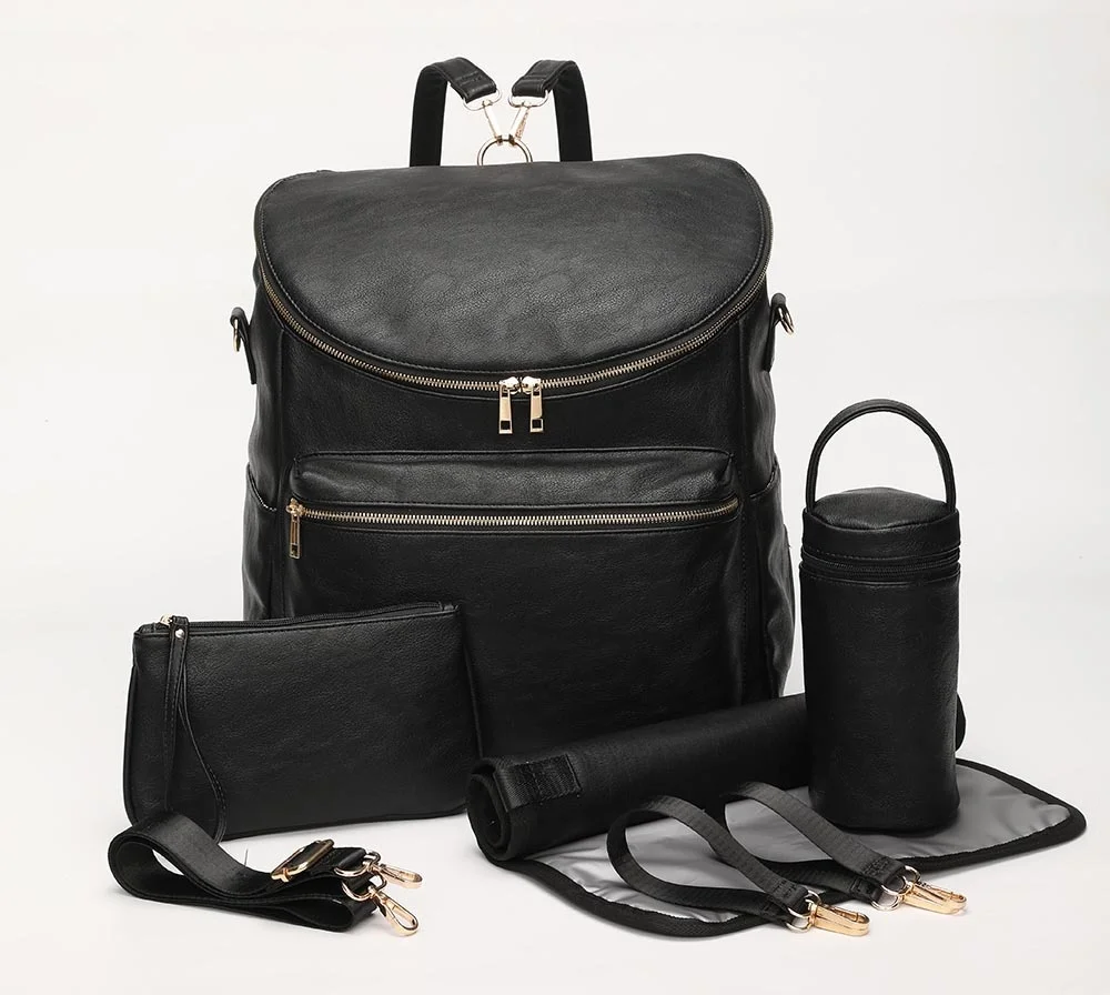 

Baby Diaper Bag Backpack Solid PU Leather Mummy Maternity Bag Large Capacity Travel Back Pack Stroller Bags with Changing Pad
