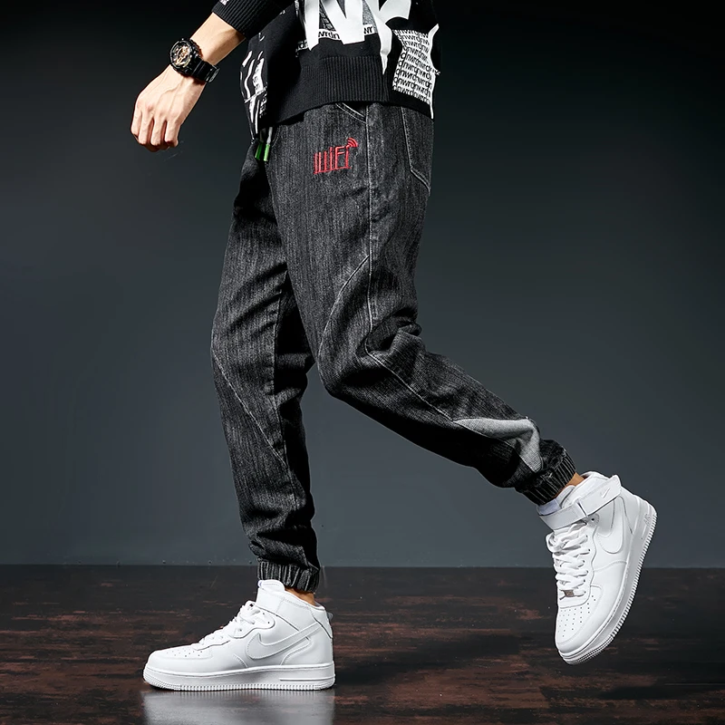 

New winter popular logo elastic waist with male loose jeans embroidery beam foot haroun pants big yards