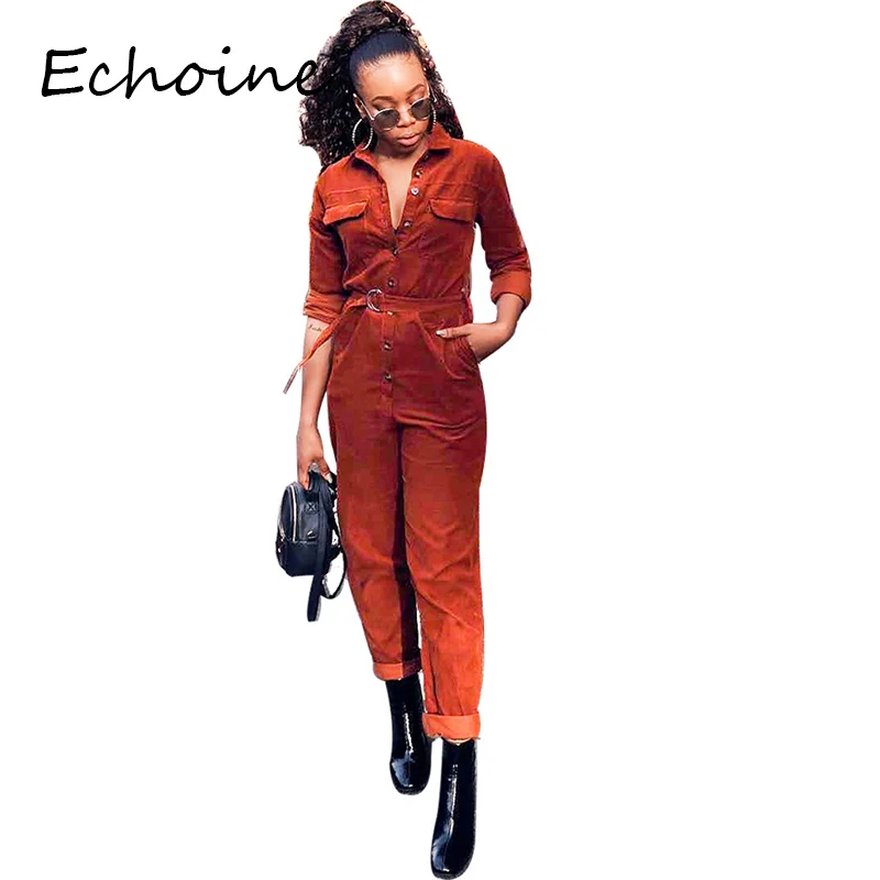 Женский вельветовый комбинезон с поясом длинным рукавом и отложным воротником |