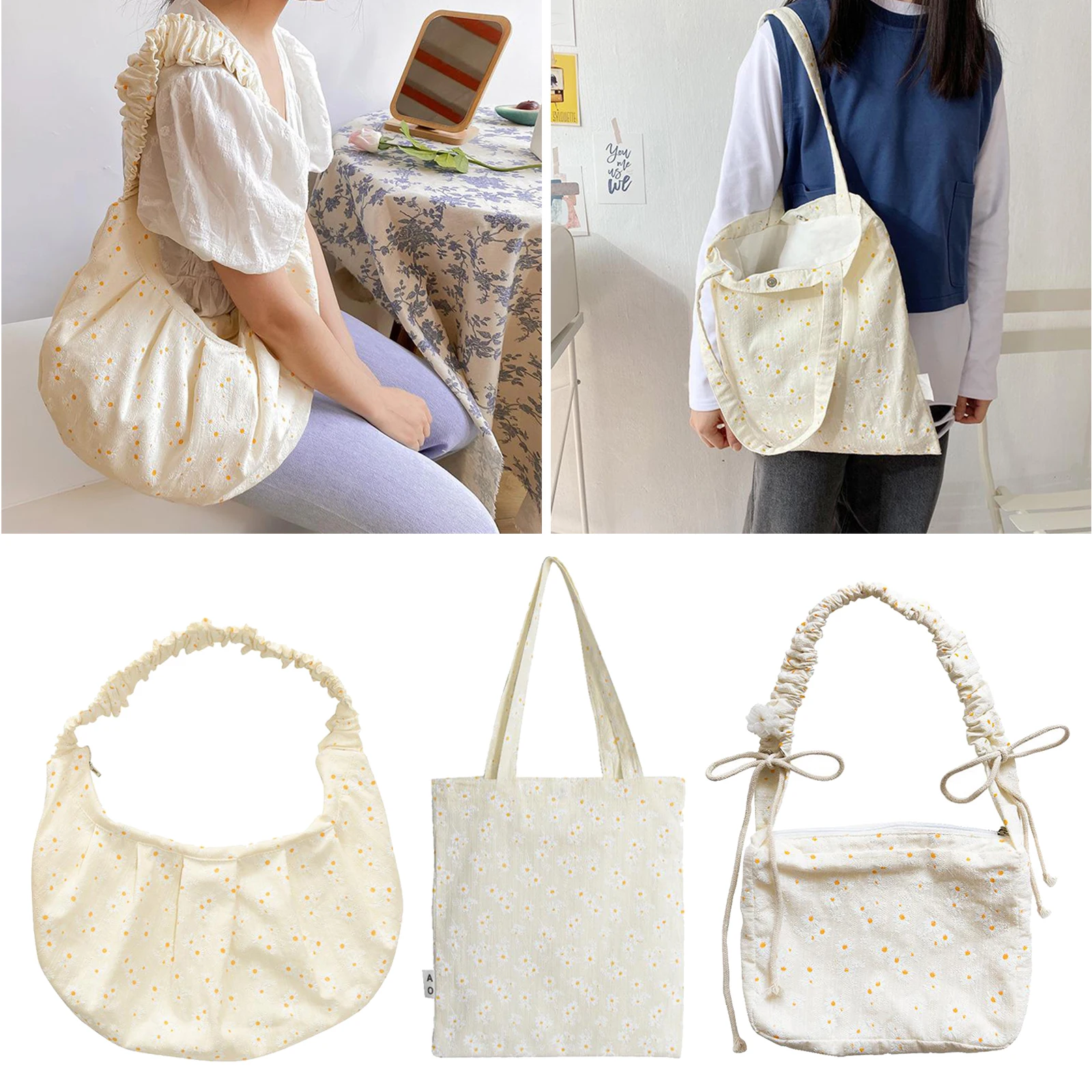 

Shopping Shoulder Tote Women Large shoulder bag white color Shopper Bags Cotton Canvas Daisy Satchel Bag Style 1