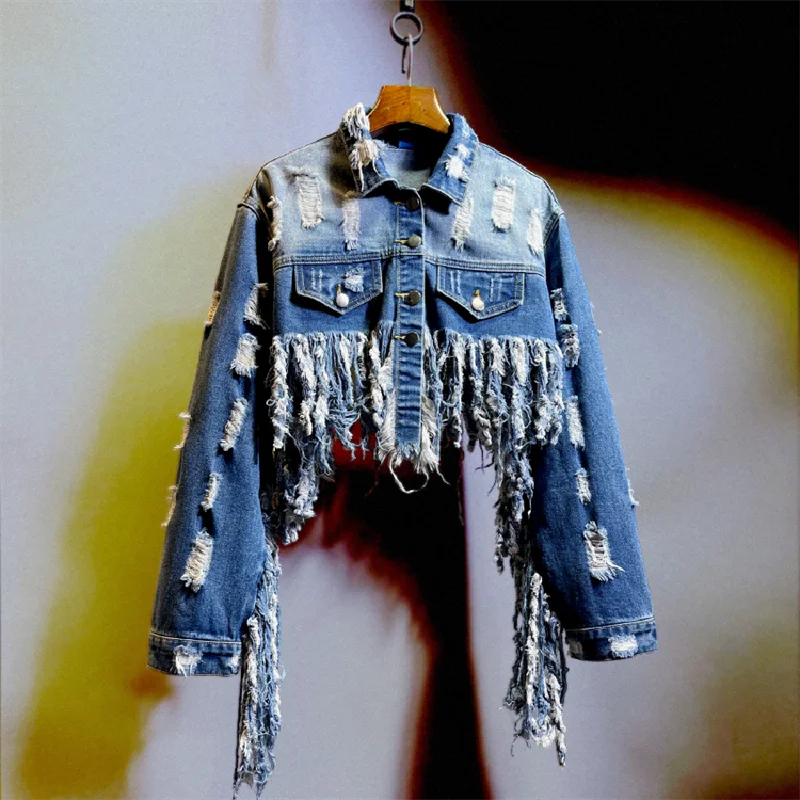 

Exploded Street Ripped Short Denim Jacket Woman 2021 new Korean Fashion Tassel All-Match Vintage Long-Sleeved Jeans Coat Female