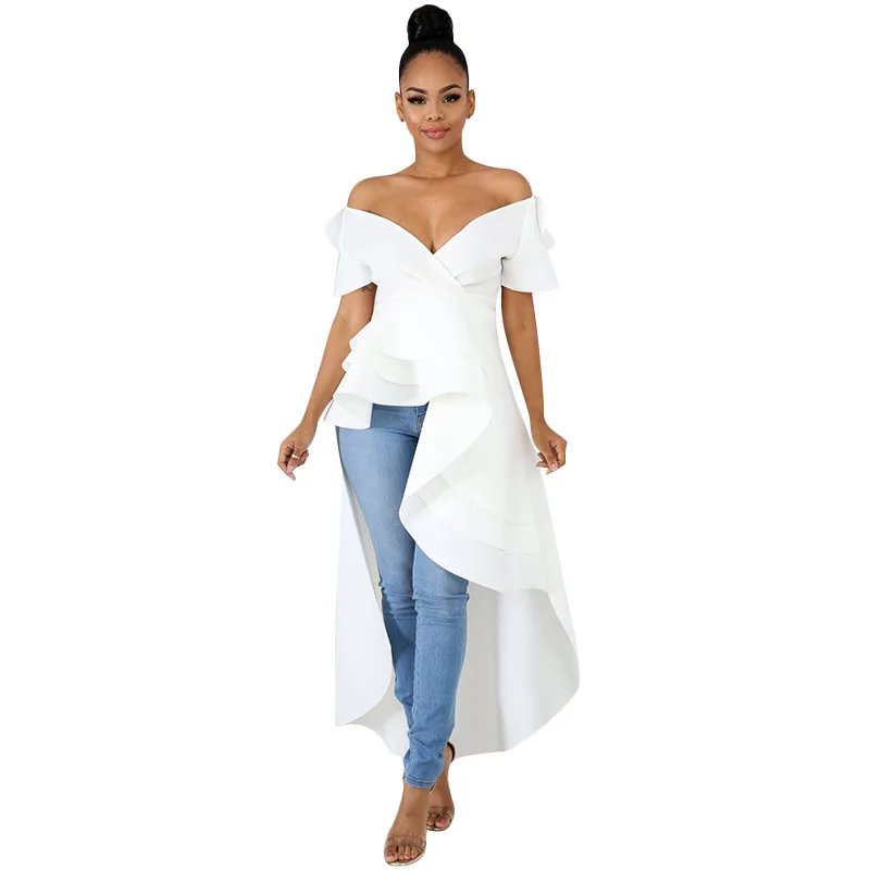 Женское платье с асимметричными оборками v-образным вырезом короткими рукавами