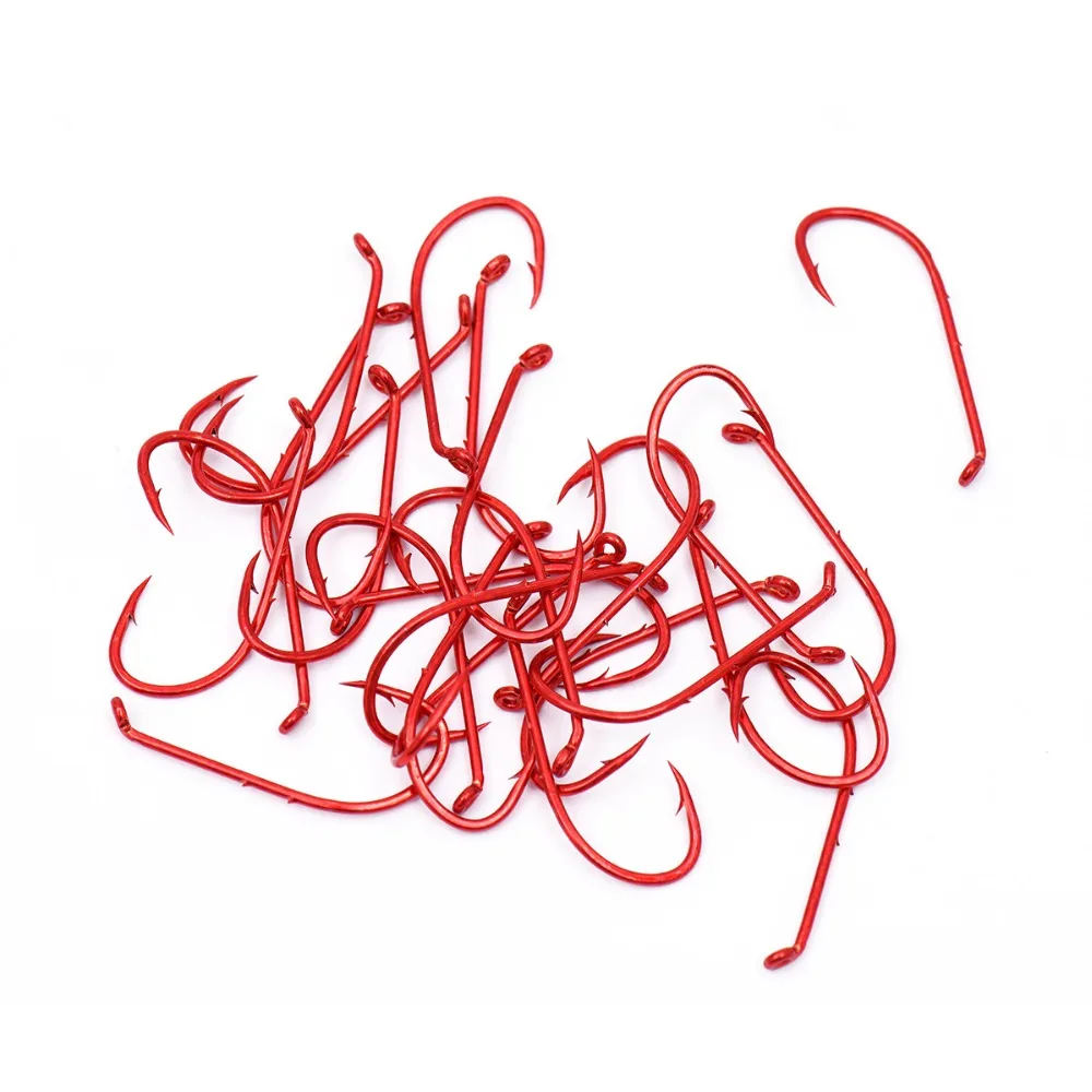 Bimoo 25 шт. изогнутый глаз красный рыболовный крючок с хвостовиком шипы для червя