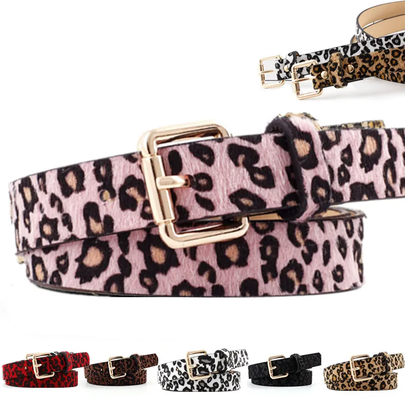 

6 Colors PU Leather Pin Buckle Leopard Pattern Horse Hair Decoration Waist Round Belt Casual Female Jeans Accessories