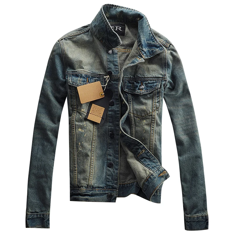 Мужская джинсовая куртка с лацканами синяя однобортная винтажная из денима в