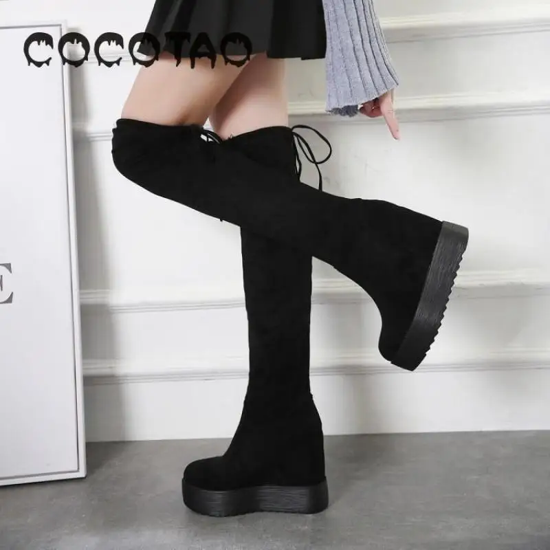 Новинка 2019 г. Сапоги до колена на толстой подошве увеличивающие рост модные новые