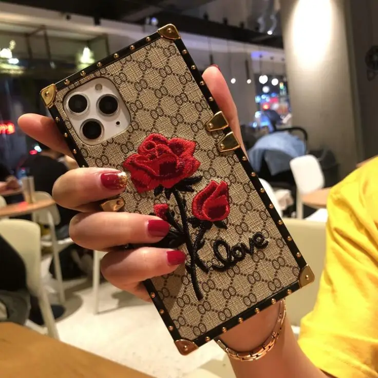 Fashion mobile phone case luxury square embroidery rose flower For iphone 6s 7 8 xr xs 11 pro max shatter-resistant shell | Мобильные