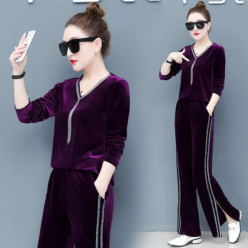 Золотой бархатный костюм женский весенне-осенний Новый корейский модный