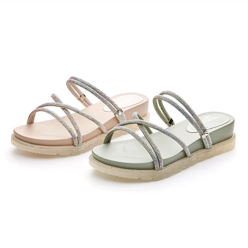 

2020 Summer New Womens Slippers Flat Platform Wild Fashion Crystal Slippers Narrow Band Sponge Shoes Sandals Female