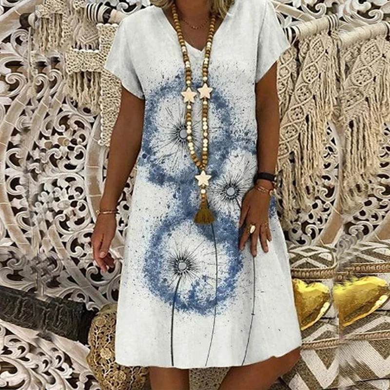

Женское летнее платье с модным принтом футболки с короткими рукавами и v-образной горловиной свободные большие качели повседневное пляжное...