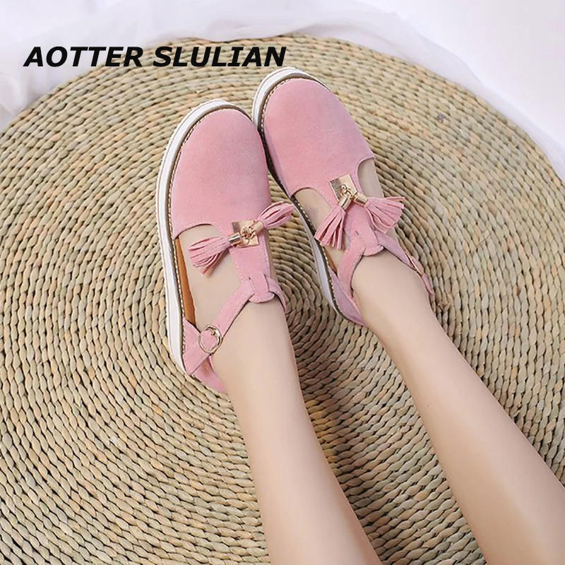 

Corduroy Round Toe Shoes Women Pink Sandals Flat Thick Increase Platform Tassel Footwear Buckle Brands Designer Mujer Chaussure