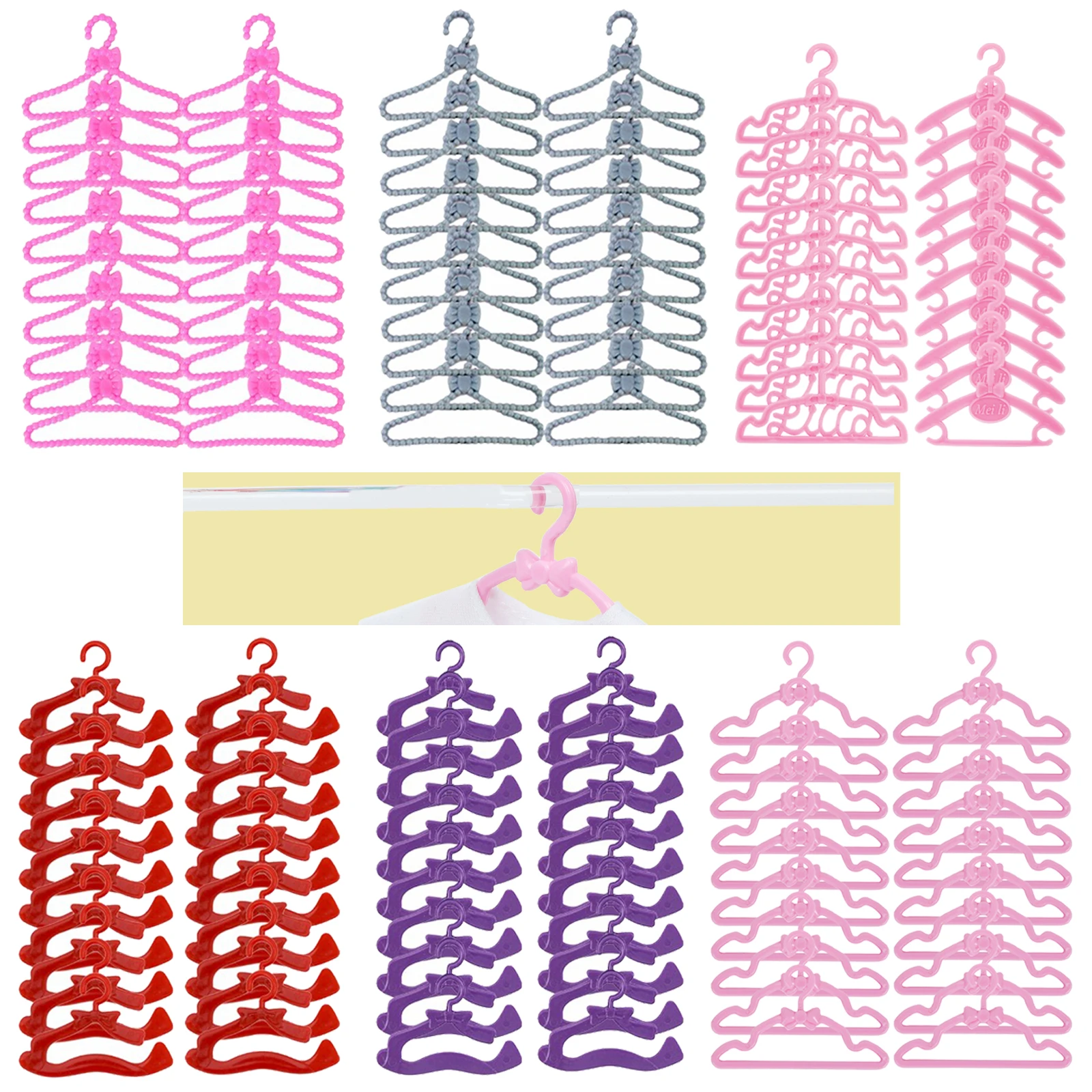 

20 Pcs / Lot Cute Mini Mixed Plastic Pink Hangers Dolls Accessories for Barbie Doll Wardrobe Dress Clothes Dollhouse Toy