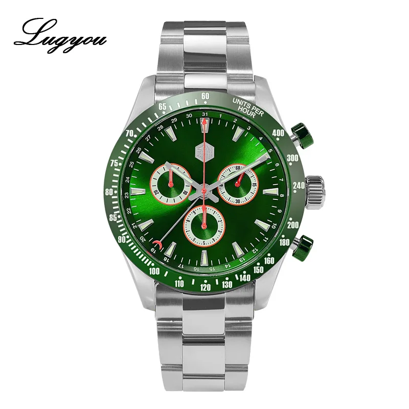 Bracelet Green Lugyou San Martin Quartz Watch Men Chronograph Timepiece Sun ray Metal Band Sub Dials Pusher Sapphire 100m Water Resistant Glow - Цвет: Bracelet Green