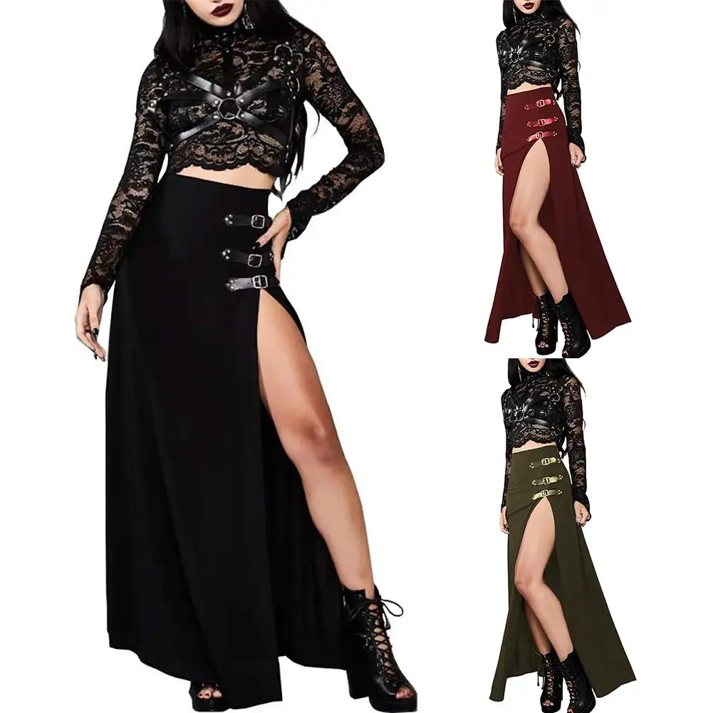 Готическая Женская однотонная длинная юбка до щиколотки с разрезом сбоку и