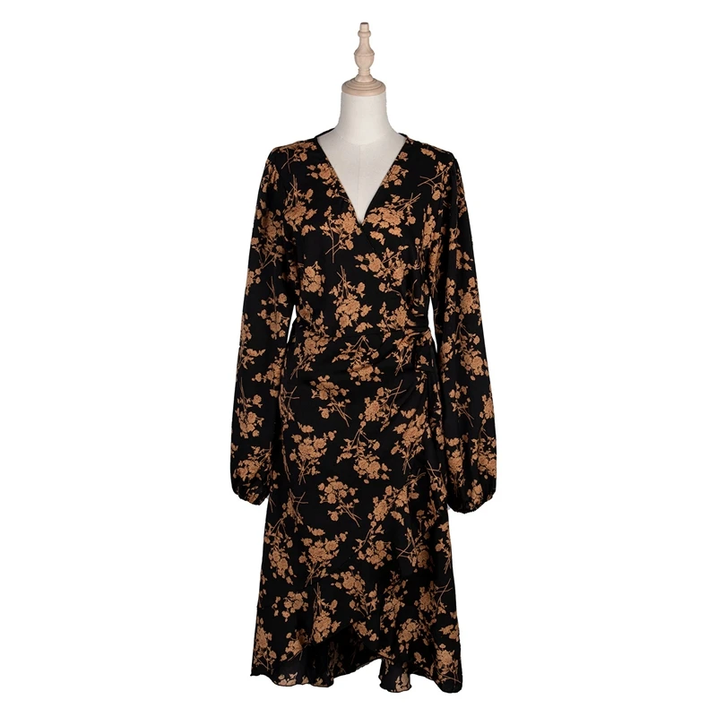 

Autumn Winter Vintage Ruffle Trim Floral Print Wrap Long Dresses Women V-Neck Long Sleeve Elegant Ladies Dress