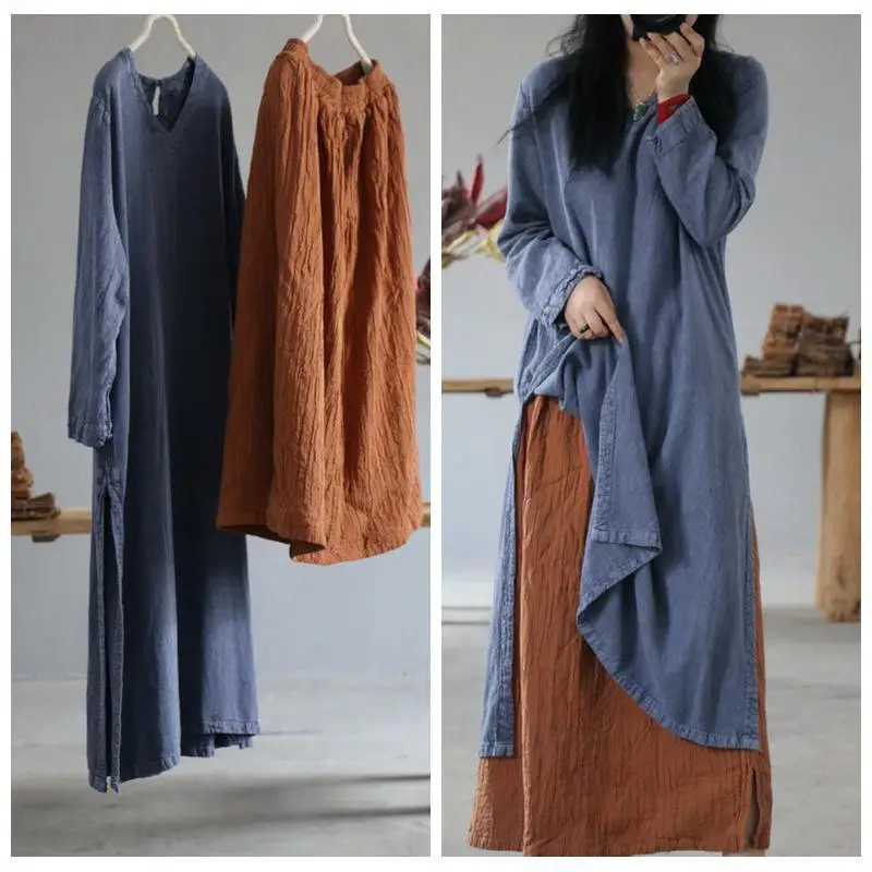 Осеннее платье в стиле ретро с длинным рукавом и v образным вырезом однотонное